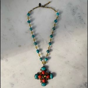 VINTAGE -  Cross Brass Stone Crystal Necklace
